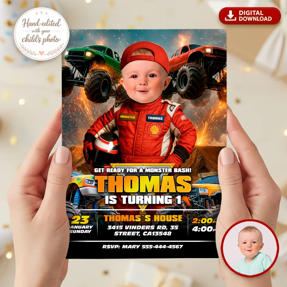 Baby Monster Truck Birthday Invitation | Personalized Little Driver Photo Invite 2 Baby Monster Truck Birthday Invitation with Toddler Face Integration