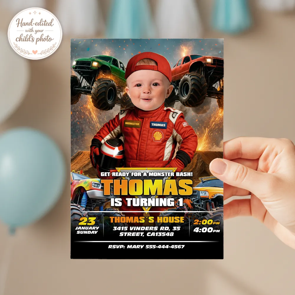Baby Monster Truck Birthday Invitation | Personalized Little Driver Photo Invite 3 Baby Monster Truck Birthday Invitation with Toddler Face Integration