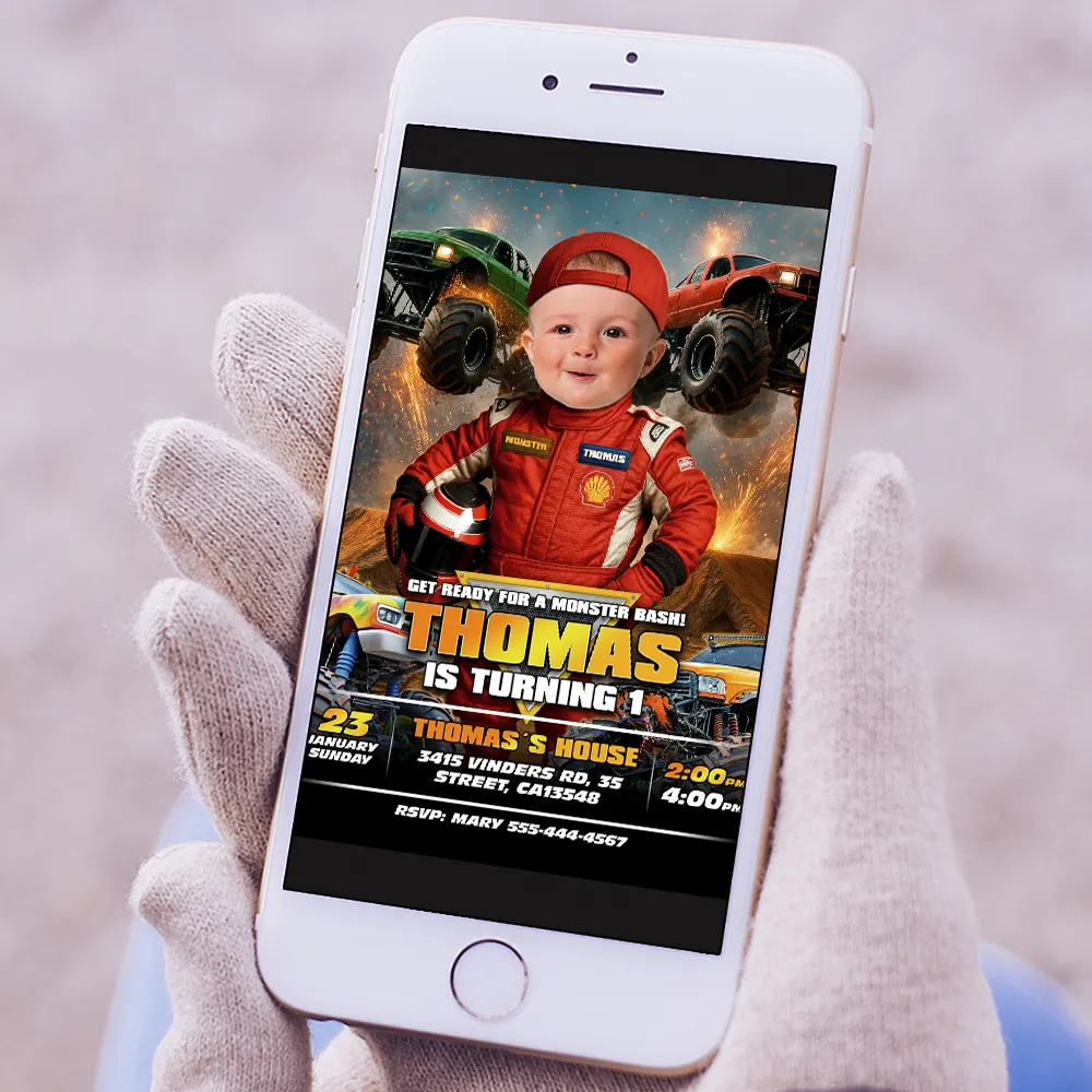 Baby Monster Truck Birthday Invitation | Personalized Little Driver Photo Invite 5 Baby Monster Truck Birthday Invitation with Toddler Face Integration