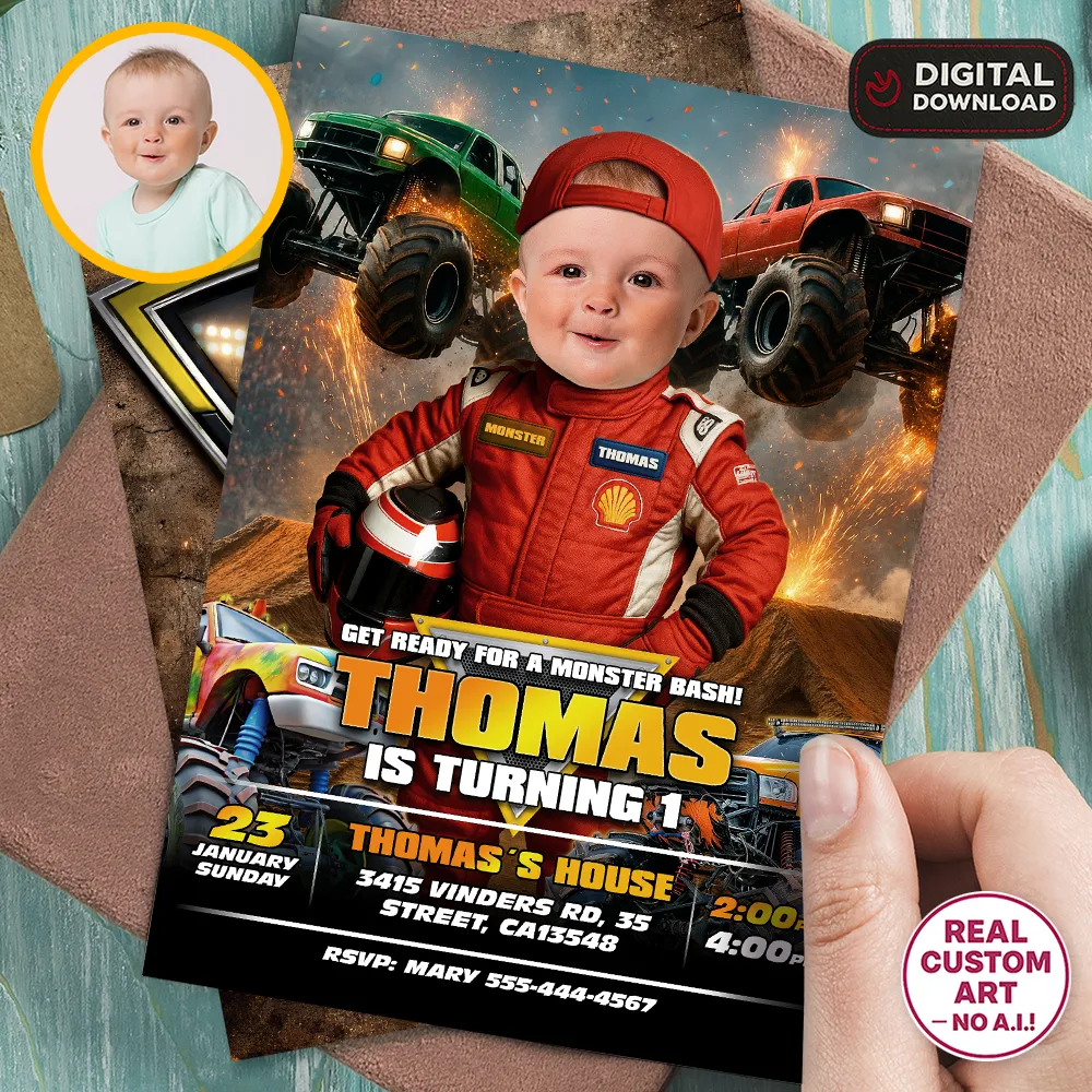 Baby Monster Truck Birthday Invitation | Personalized Little Driver Photo Invite 1 Baby Monster Truck Birthday Invitation with Toddler Face Integration