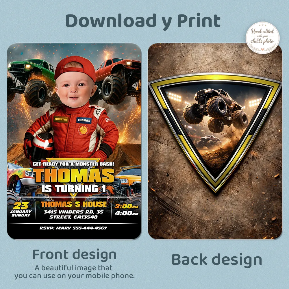 Baby Monster Truck Birthday Invitation | Personalized Little Driver Photo Invite 4 Baby Monster Truck Birthday Invitation with Toddler Face Integration