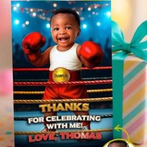 Custom Round One Thank You Card with Photo – Baby Boxer Theme – Digital File