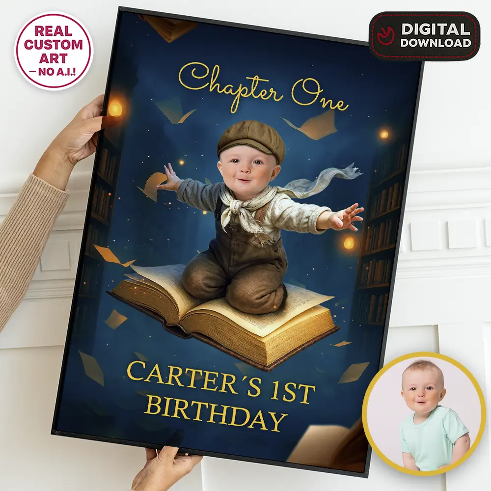 Chapter One Birthday Welcome Sign | Magical Storybook Party Poster 1 Chapter One Birthday Welcome Sign Magical Library Theme Baby Flying