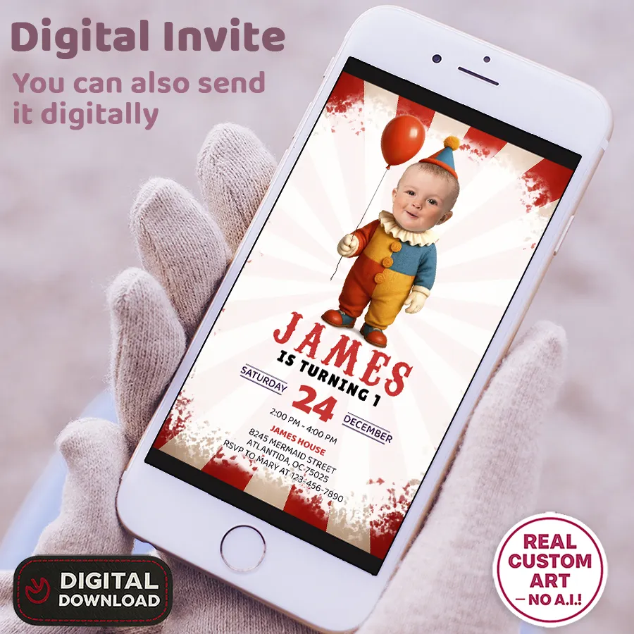 Personalized Circus Clown Birthday Invitation with Photo – Carnival Theme – Custom Circus Party Design – Delivered in 24h – Digital File 3 Personalized Circus Clown Birthday Invitation with Photo – Carnival Theme – Custom Circus Party Design – Delivered in 24h – Digital File