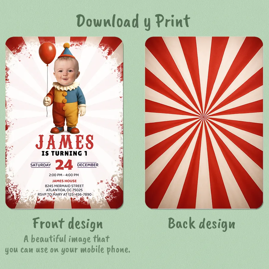 Personalized Circus Clown Birthday Invitation with Photo – Carnival Theme – Custom Circus Party Design – Delivered in 24h – Digital File 2 Personalized Circus Clown Birthday Invitation with Photo – Carnival Theme – Custom Circus Party Design – Delivered in 24h – Digital File - Image 2