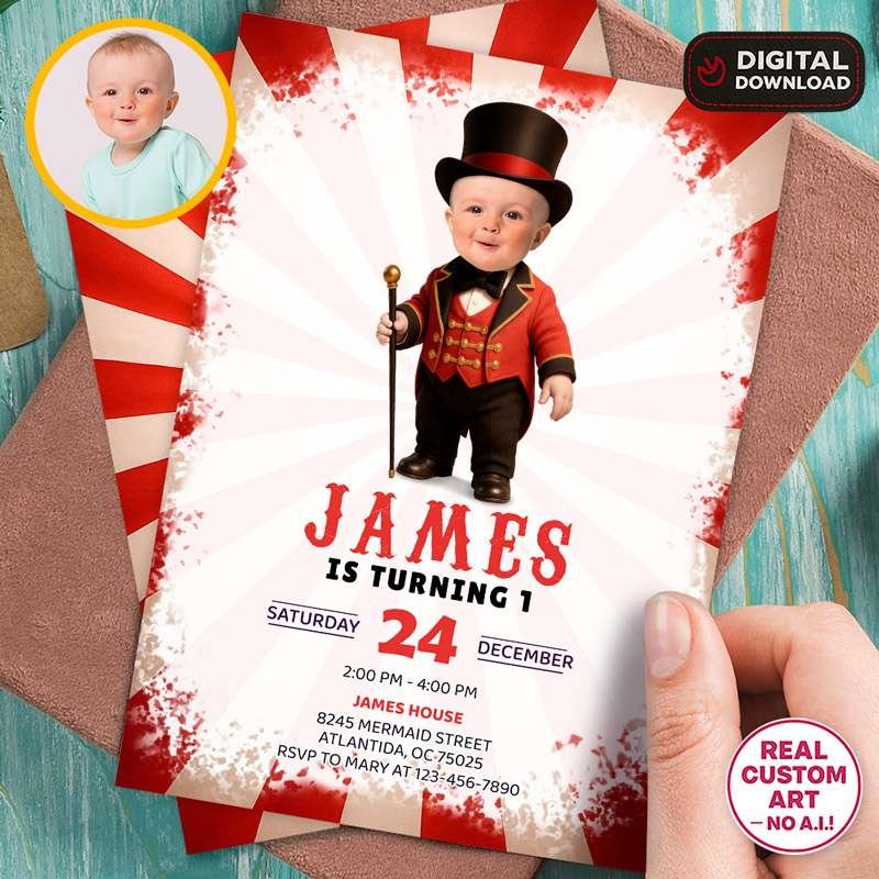 Personalized Circus Ringmaster Birthday Invitation with Photo – Big Top Theme – Custom Carnival Party Design – Delivered in 24h – Digital File 1 Personalized Circus Ringmaster Birthday Invitation with Photo – Big Top Theme – Custom Carnival Party Design – Delivered in 24h – Digital File