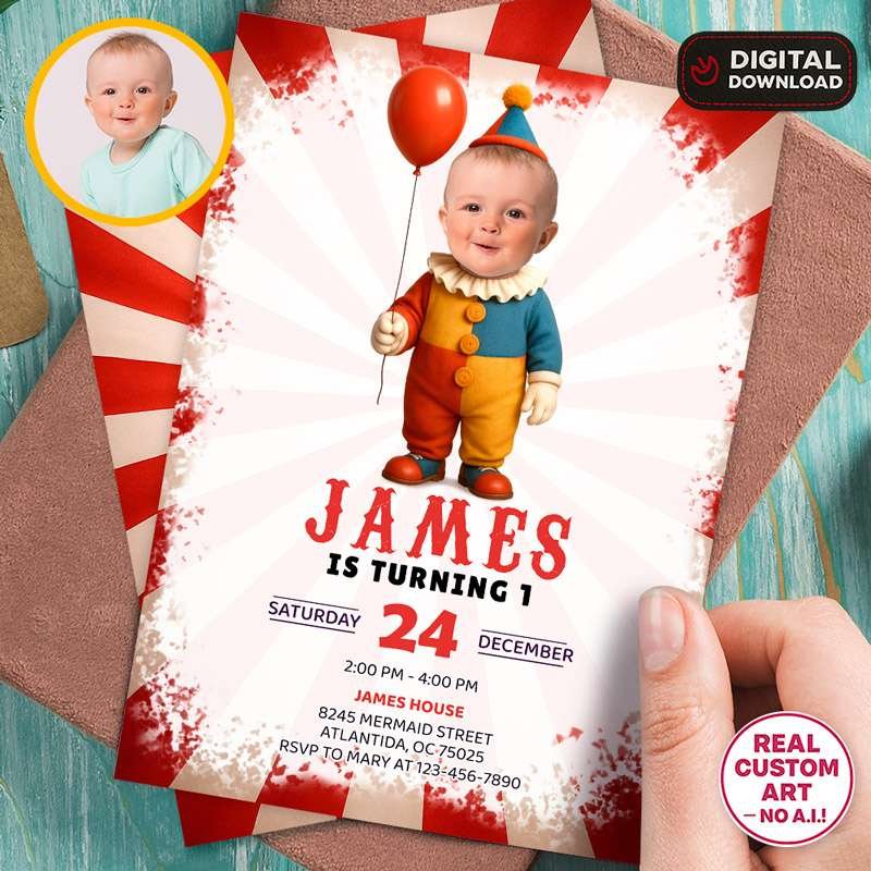 Personalized Circus Clown Birthday Invitation with Photo – Carnival Theme – Custom Circus Party Design – Delivered in 24h – Digital File 1 Personalized Circus Clown Birthday Invitation with Photo – Carnival Theme – Custom Circus Party Design – Delivered in 24h – Digital File