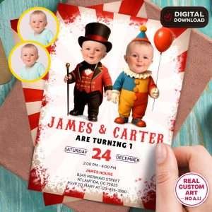 Personalized Circus Ringmaster Twins Birthday Invitation with Photo – Siblings Edition – Delivered in 24h – Digital File