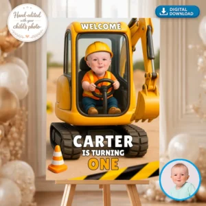 Personalized Baby Construction Birthday Welcome Sign – Custom Excavator Theme – Delivered in 24h – Digital File