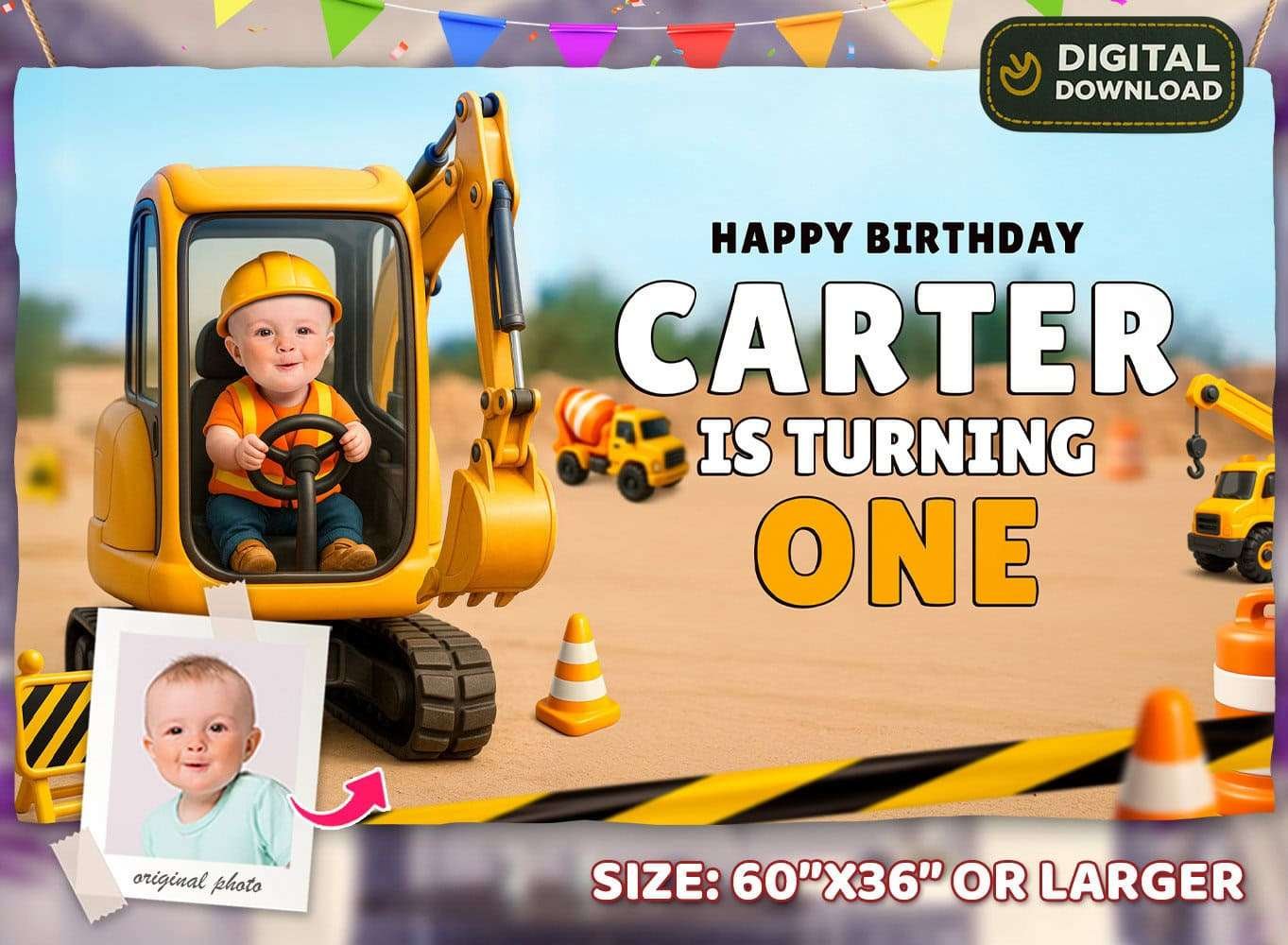 Personalized Baby Construction Birthday Banner – Excavator Theme – Custom Party Decoration – Delivered in 24h – Digital File 1 Personalized Baby Construction Birthday Banner – Excavator Theme – Custom Party Decoration – Made to Order Digital File