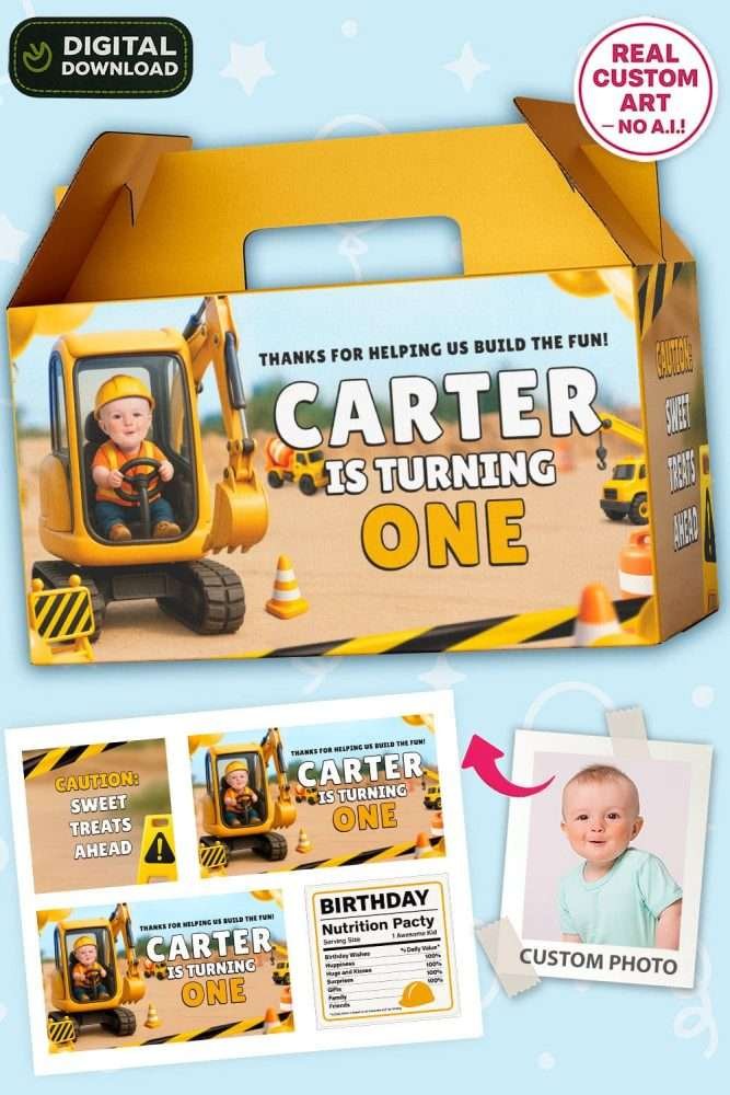 Personalized Construction Birthday Labels – Excavator Theme Digital Sticker Set for Gable Boxes – Delivered in 24h – Digital File 1 Personalized Construction Birthday Labels – Excavator Theme Digital Sticker Set for Gable Boxes – Made to Order File