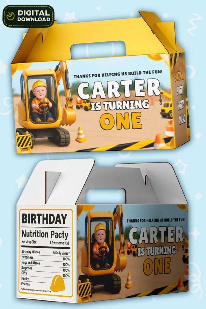 Personalized Construction Birthday Labels – Excavator Theme Digital Sticker Set for Gable Boxes – Delivered in 24h – Digital File 2 Excavator Theme Digital Sticker Set for Gable Boxes