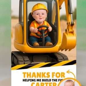 Personalized Baby Construction Thank You Card with Photo – Custom Excavator Theme Design – Made to Order Digital File