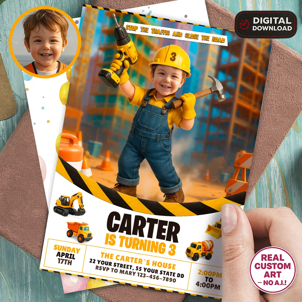 Construction Birthday Bundle – Personalized Construction Party Pack with Photo – Digital Download – Ready in 24h 2 Personalized Construction Birthday Invitation with Photo – Hammer & Drill Theme – Custom Builder Party Design – Delivered in 24h – Digital File