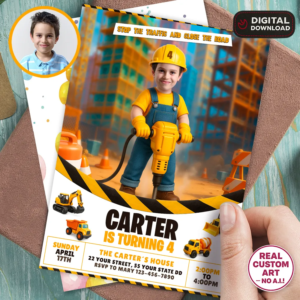 Construction birthday invitation for kids with personalized photo