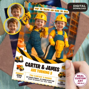 Personalized Construction Birthday Invitation with Photo – Twins & Siblings Edition – Custom Builder Party Design – Delivered in 24h – Digital File