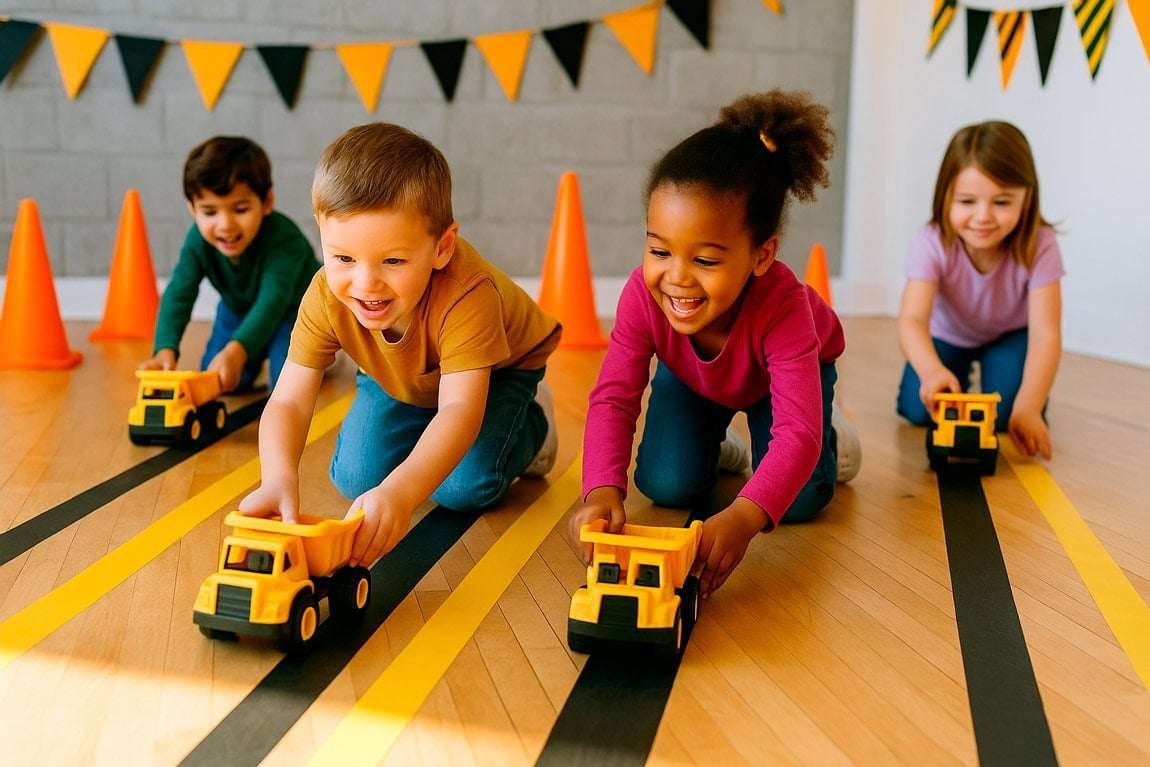 Kids racing toy dump trucks on a taped racetrack