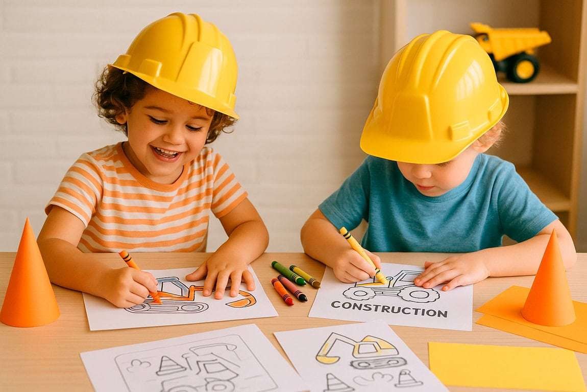 Kids coloring construction sheets and crafting paper cones