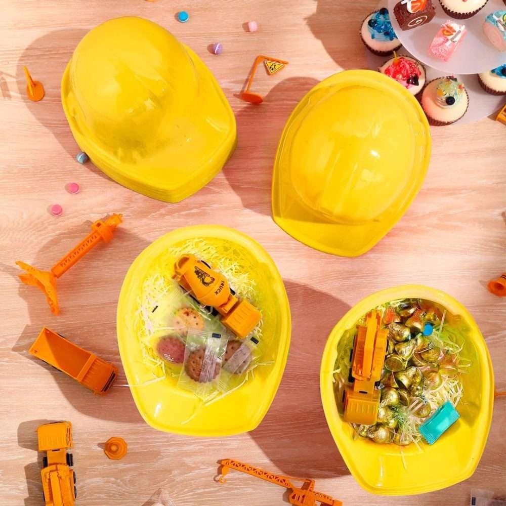 Mini yellow hard hats filled with candy and personalized stickers