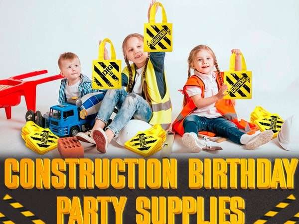 Kids holding construction themed goodie bags as they leave the party