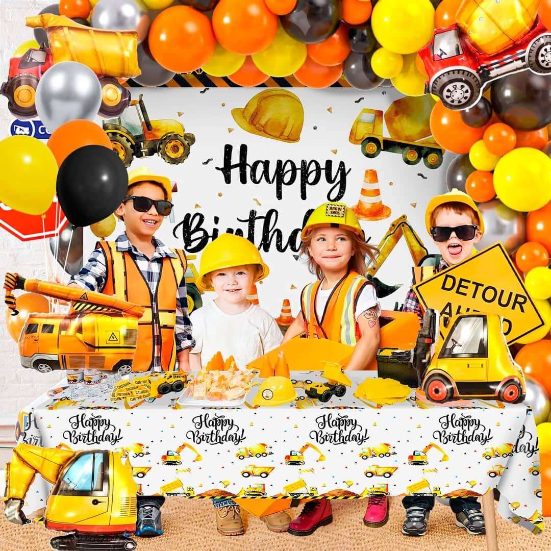 Happy kids and parents enjoying a construction birthday party