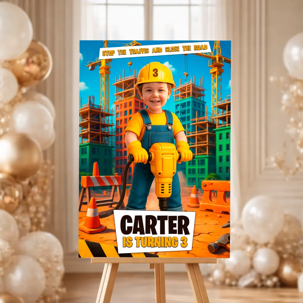Construction Birthday Bundle – Personalized Construction Party Pack with Photo – Digital Download – Ready in 24h 3 Personalized Construction Birthday Welcome Sign with Photo – Hydraulic Jackhammer Theme – Delivered in 24h – Digital File