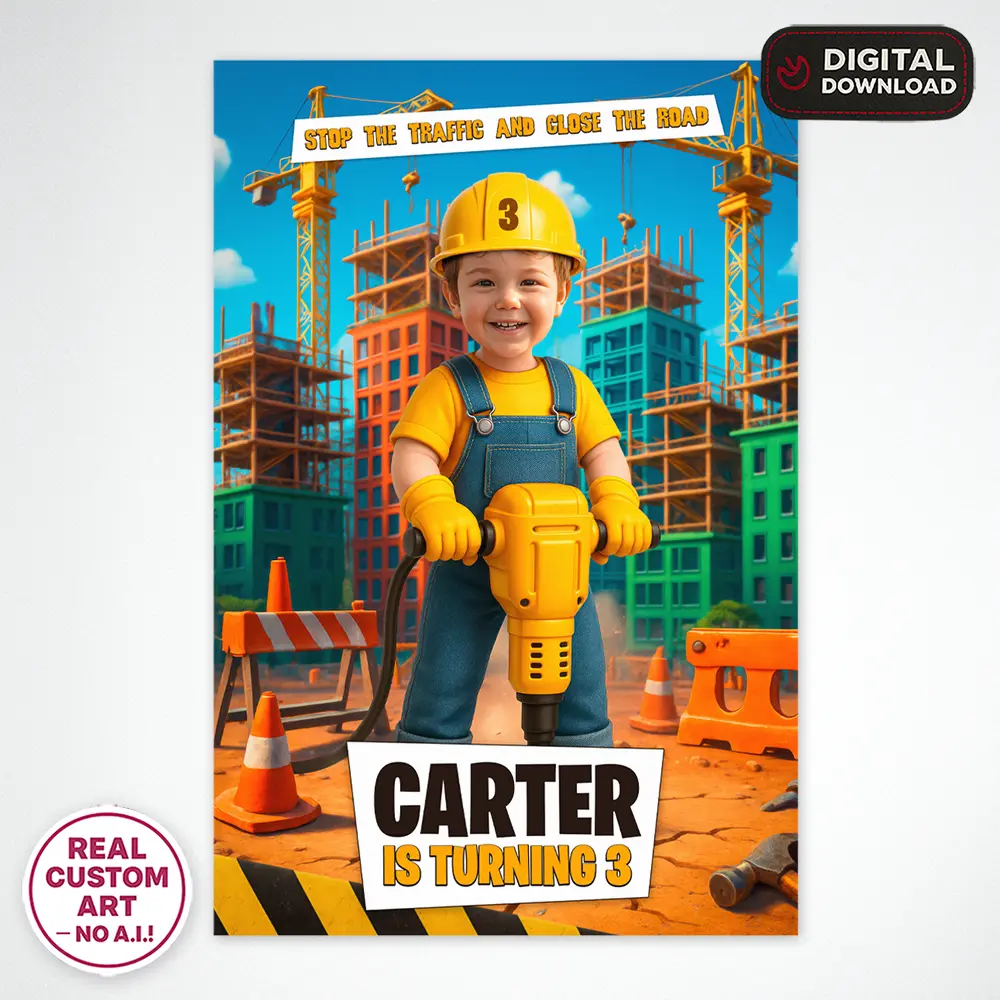 Personalized Construction Birthday Welcome Sign with Photo – Hydraulic Jackhammer Theme – Delivered in 24h – Digital File 4 Personalized Construction Birthday Welcome Sign with Photo – Hydraulic Jackhammer Theme – Delivered in 24h – Digital File