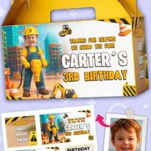 Personalized Construction Birthday Labels with Photo – Jackhammer Theme Digital Sticker Set for Gable Boxes