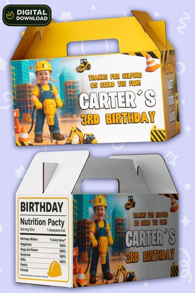Personalized Construction Birthday Labels with Photo – Jackhammer Theme Digital Sticker Set for Gable Boxes – Delivered in 24h – Digital File 2 Personalized Construction Birthday Labels with Photo – Jackhammer Theme Digital Sticker Set for Gable Boxes