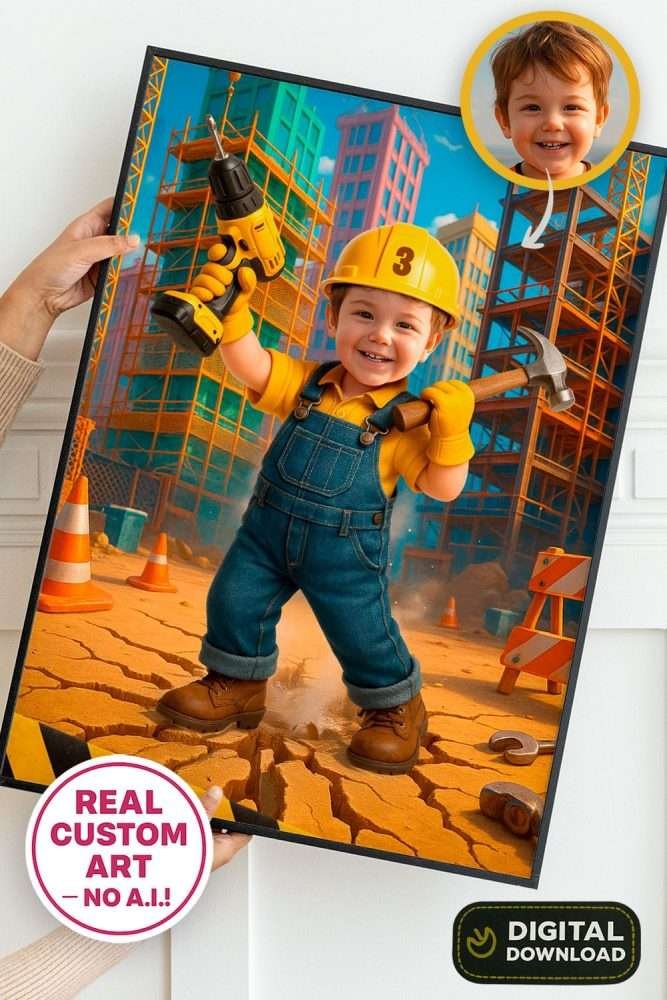 Personalized Construction Birthday Portrait with Photo – Custom Hammer & Drill Theme Digital Artwork – Delivered in 24h – Digital File 1 Personalized Construction Birthday Portrait with Photo – Custom Hammer & Drill Theme Digital Artwork