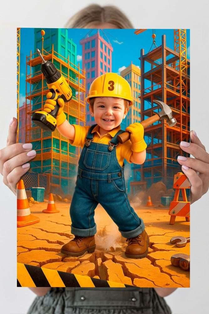 Personalized Construction Birthday Portrait with Photo – Custom Hammer & Drill Theme Digital Artwork – Delivered in 24h – Digital File 2 Personalized Construction Birthday Portrait with Photo – Custom Hammer & Drill Theme Digital Artwork