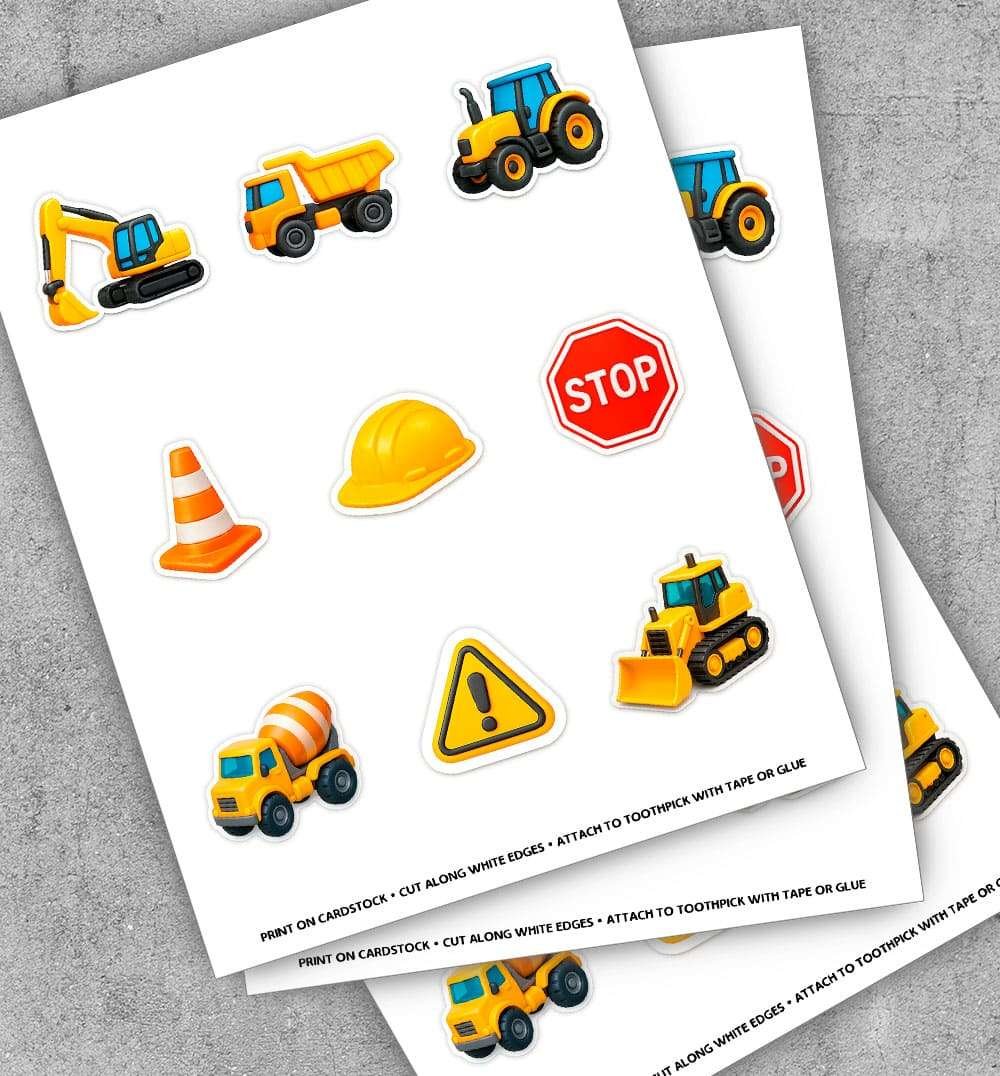Free Construction Party Cupcake Toppers (Printable PDF) 3 Printable construction cupcake toppers sheet ready to cut and assemble