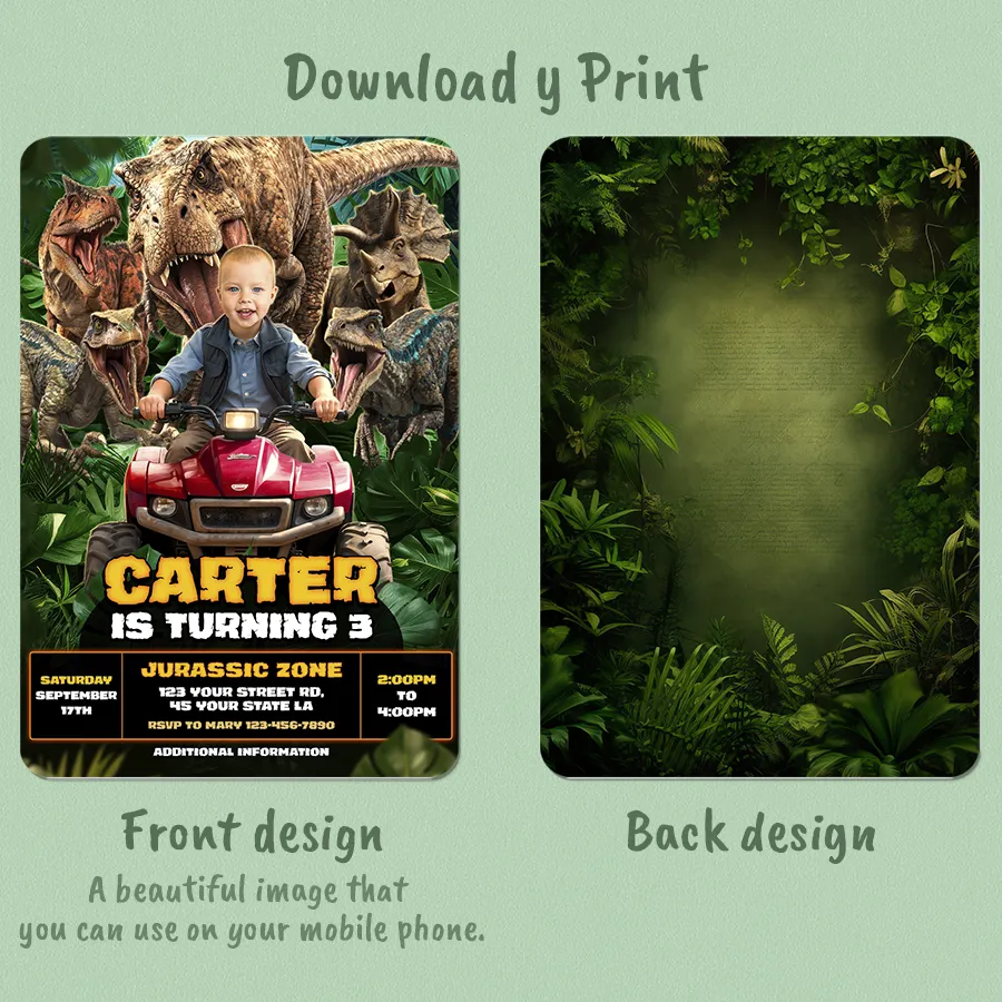 Personalized Dinosaur Quad Birthday Invitation with Photo – Delivered in 24h – Digital File 2 Personalized Dinosaur Quad Birthday Invitation with Photo – Delivered in 24h – Digital File - Image 2