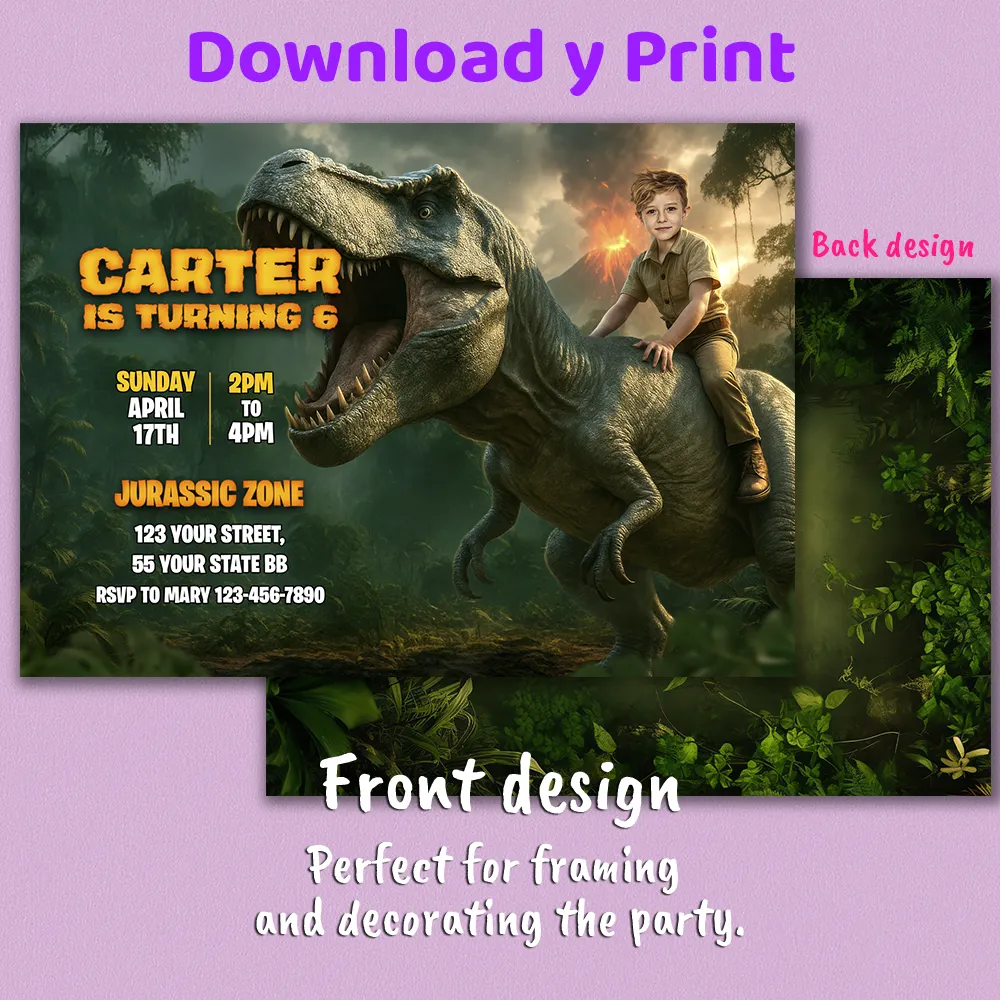 Personalized Dinosaur T-Rex Birthday Invitation with Photo – Delivered in 24h – Digital File 4 Personalized Dinosaur T-Rex Birthday Invitation with Photo – Delivered in 24h – Digital File