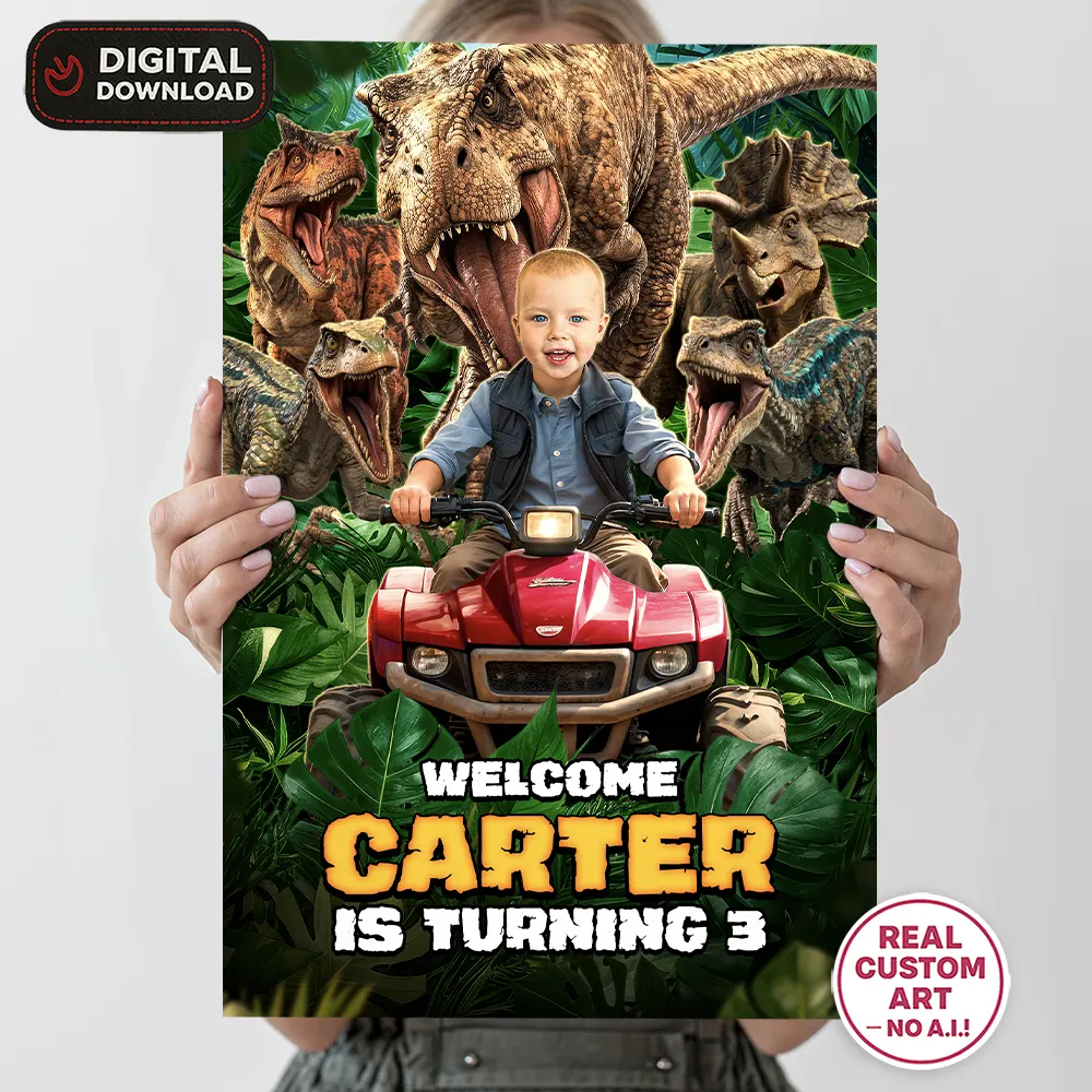 Dinosaur Birthday Bundle – Personalized Dinosaur Party Pack with Photo – Digital Download – Ready in 24h 4 Personalized Dinosaur Quad Welcome Sign – Custom Dino Theme Party Decoration – Delivered in 24h – Digital File