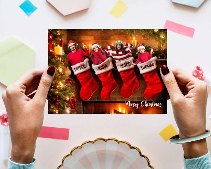 Personalized Family Christmas Stocking Photo Card – Custom Holiday Greeting – Digital File