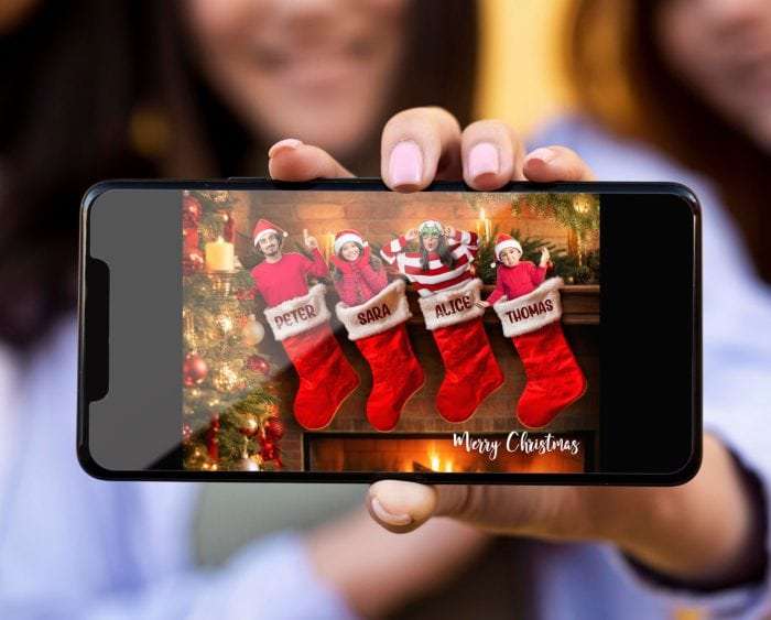 Personalized Family Christmas Stocking Photo Card – Custom Holiday Greeting – Digital File