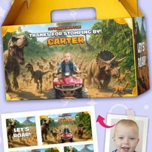 Personalized Dinosaur Quad Birthday Labels – Digital Sticker Set for Gable Boxes – Made to Order File