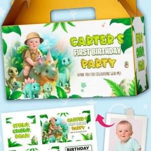 Personalized Baby Dinosaur Birthday Labels – Triceratops Theme Digital Sticker Set for Gable Boxes – Made to Order File