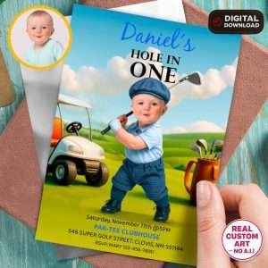 Personalized Blue Golf Birthday Invitation with Photo – Hole in One Theme – 1st Birthday Invite for Boys – Delivered in 24h – Digital File