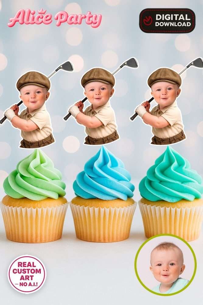 Personalized Hole in One Cupcake Toppers with Photo – Custom Golf Birthday Decorations – Delivered in 24h – Digital File 2 Personalized Hole in One Cupcake Toppers with Photo – Custom Golf Birthday Decorations (Digital File)