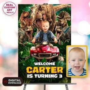 Personalized Dinosaur Quad Welcome Sign – Custom Dino Theme Party Decoration – Delivered in 24h – Digital File