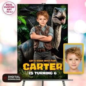 Ranger & Raptor Dinosaur Welcome Sign – Custom Prehistoric Party Poster – Delivered in 24h – Digital File