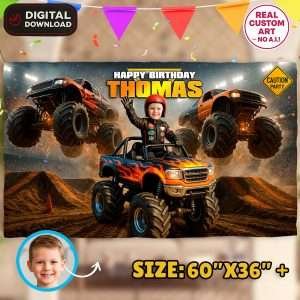 Personalized Monster Truck Driver Birthday Banner – Custom Off-Road Party Decoration – Delivered in 24h – Digital File