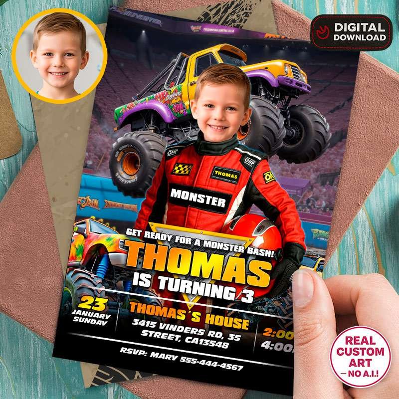 Custom Monster Truck Racing Birthday Invitation – Personalized Off-Road Photo Invitation – Delivered in 24h – Digital File 1 Custom Monster Truck Racing Birthday Invitation – Personalized Off-Road Photo Invitation – Delivered in 24h – Digital File