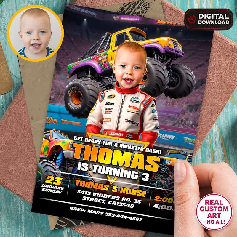 3rd Personalized Monster Truck Birthday Photo Invitation | Custom Racer Invite 1 Personalized Monster Truck Birthday Photo Invitation Blue Truck