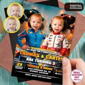 Personalized Monster Truck Twins & Siblings Birthday Invitation with Photo – Delivered in 24h – Digital File