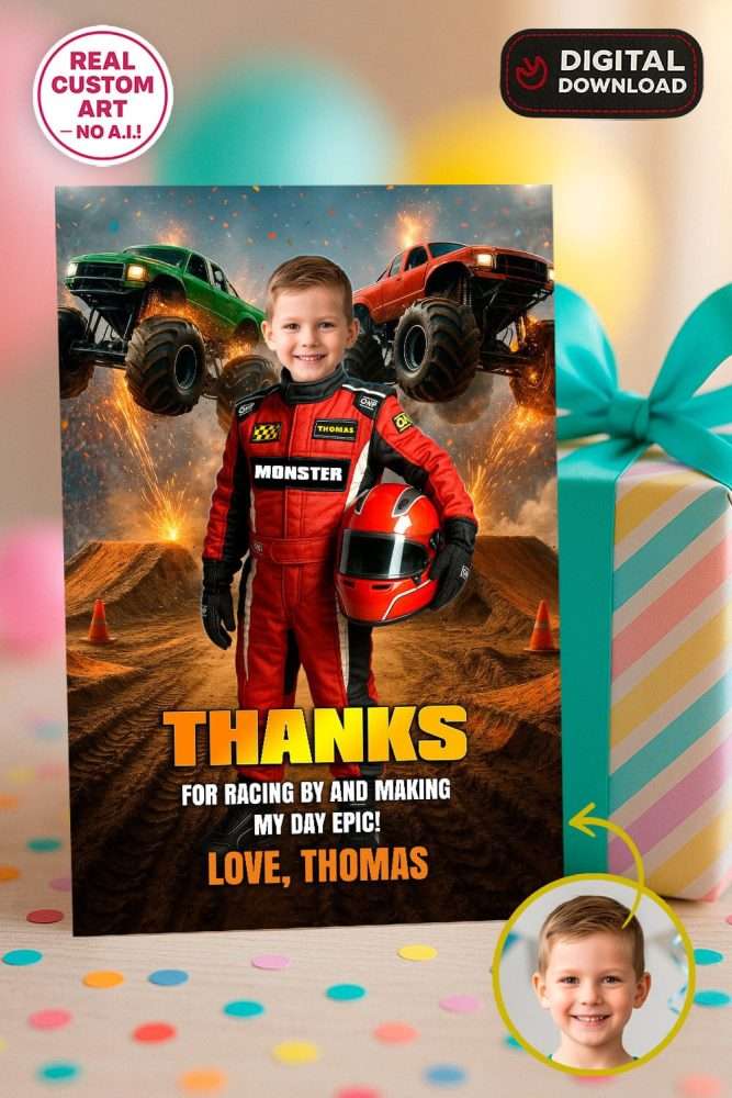 Epic Monster Truck Thank You Card with Photo – Custom Racing Theme Design – Delivered in 24h – Digital File 1 Epic Monster Truck Thank You Card with Photo – Custom Racing Theme Design – Digital File