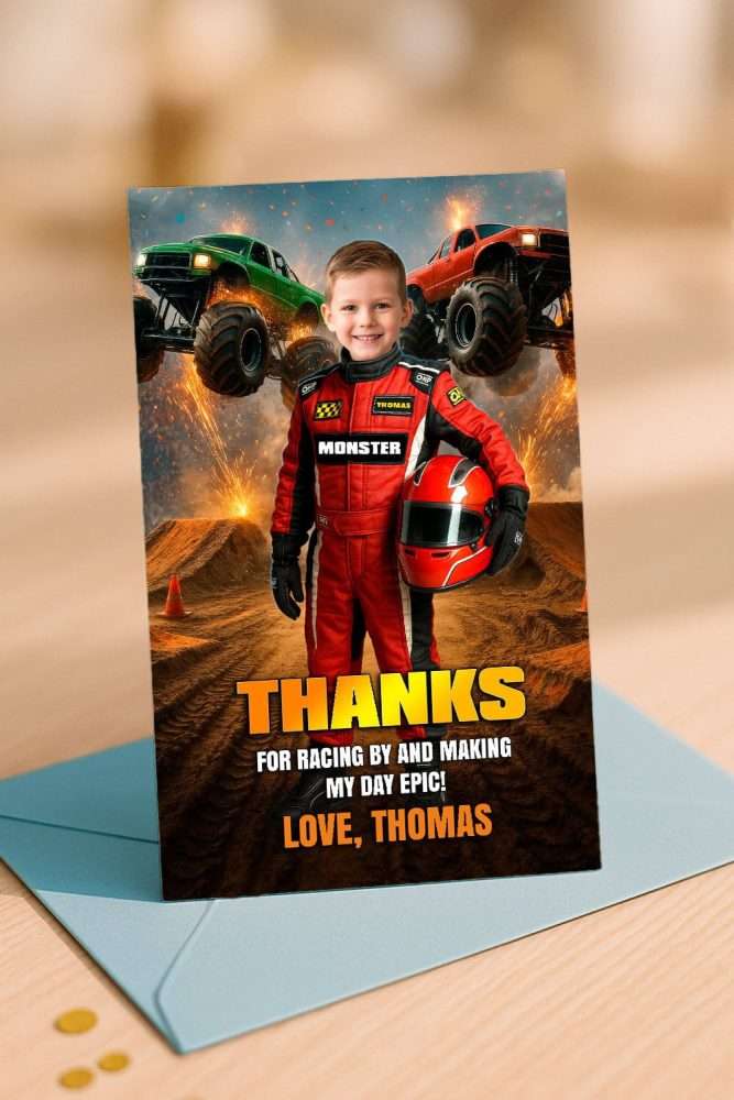 Epic Monster Truck Thank You Card with Photo – Custom Racing Theme Design – Delivered in 24h – Digital File 3 Epic Monster Truck Thank You Card with Photo – Custom Racing Theme Design – Digital File