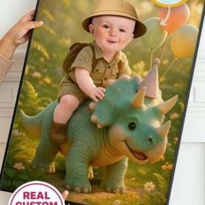 Personalized Baby Dinosaur Portrait – Custom Triceratops Theme Digital Artwork – Made to Order File